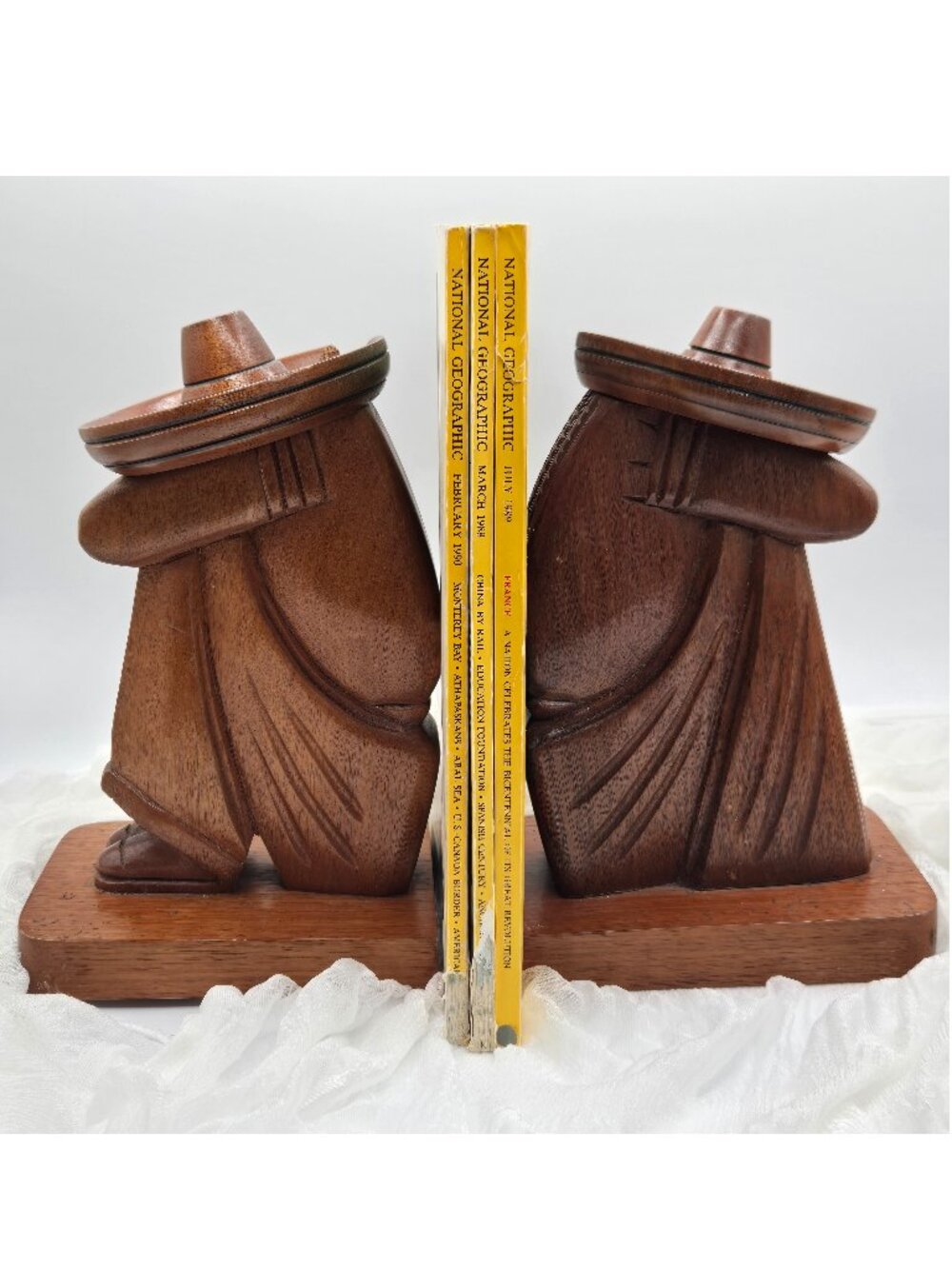Pair of Hand Carved Wooden Bookends, Mexican Sleeping Man & Women in Sombrero